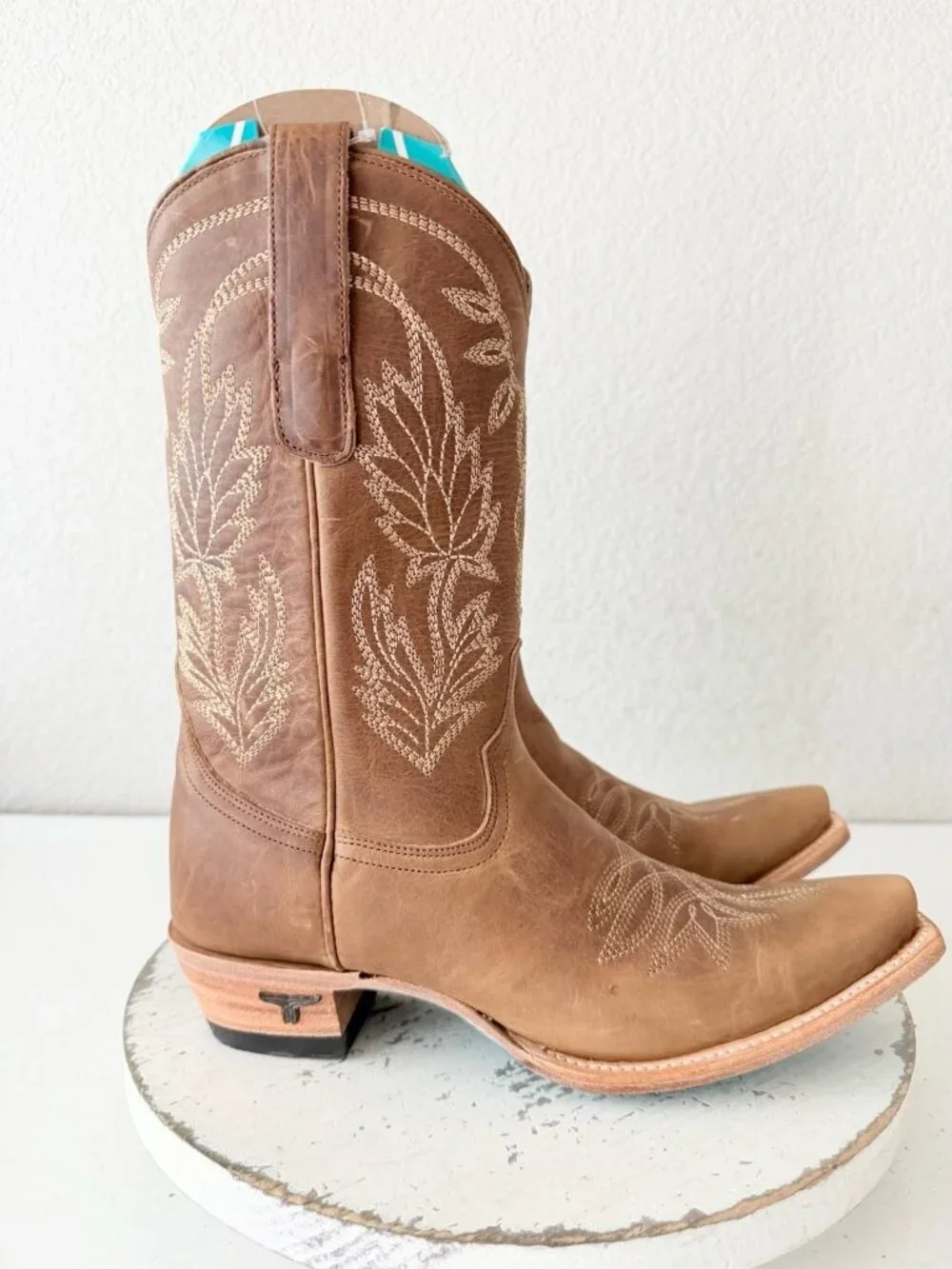 Lane SANDAGA Midi Brown Cowboy Boots Womens Size 8 Western Mid Calf Snip Toe